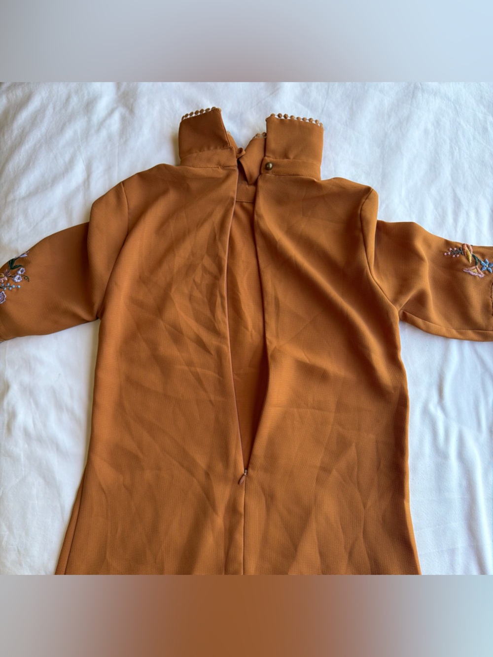 Women's Embroidered Collared Shift Dress - Rust Color - Picture 7 of 10